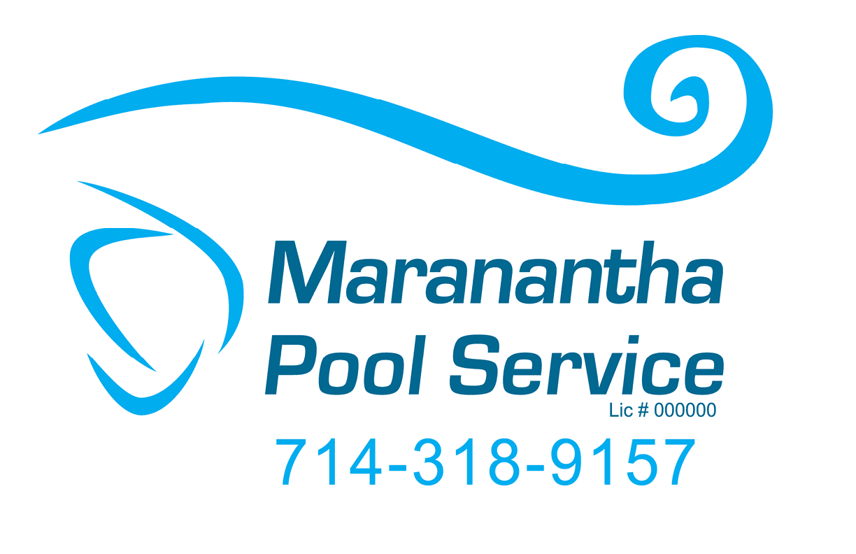 A blue stylized wave design accompanies the text Maranantha Pool Service with a license number and a phone number in blue font. Description generated by AI