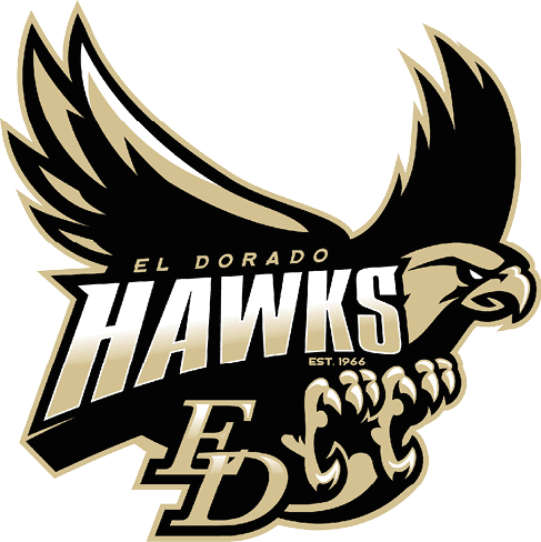 A stylized black and gold hawk with outstretched wings and sharp talons features the text “El Dorado Hawks" and "Est. 1966" integrated into its body. Description generated by AI