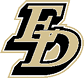 Interlocking stylized letters E and D in black and gold with a bold outline. Description generated by AI