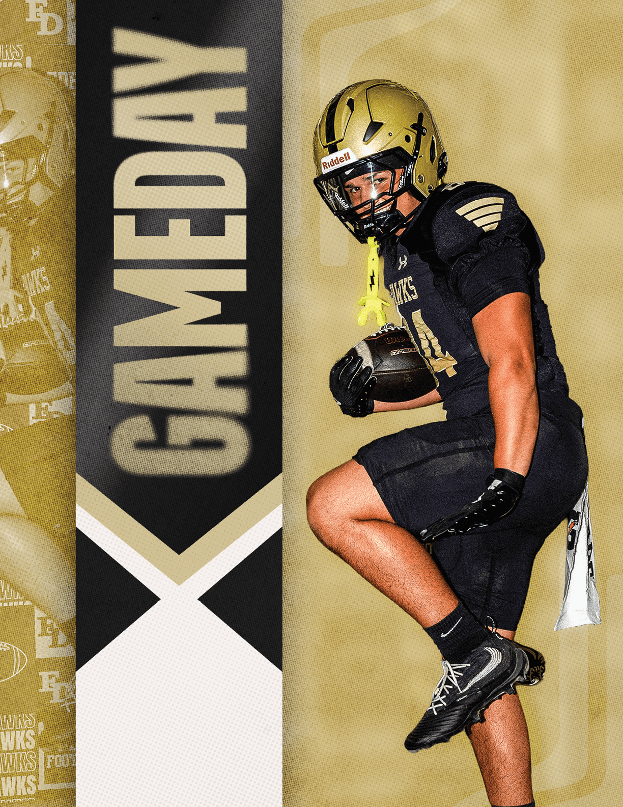 A person in a black football uniform and gold helmet is posed mid-stride holding a football next to a vertical banner that reads GAMEDAY. Description generated by AI