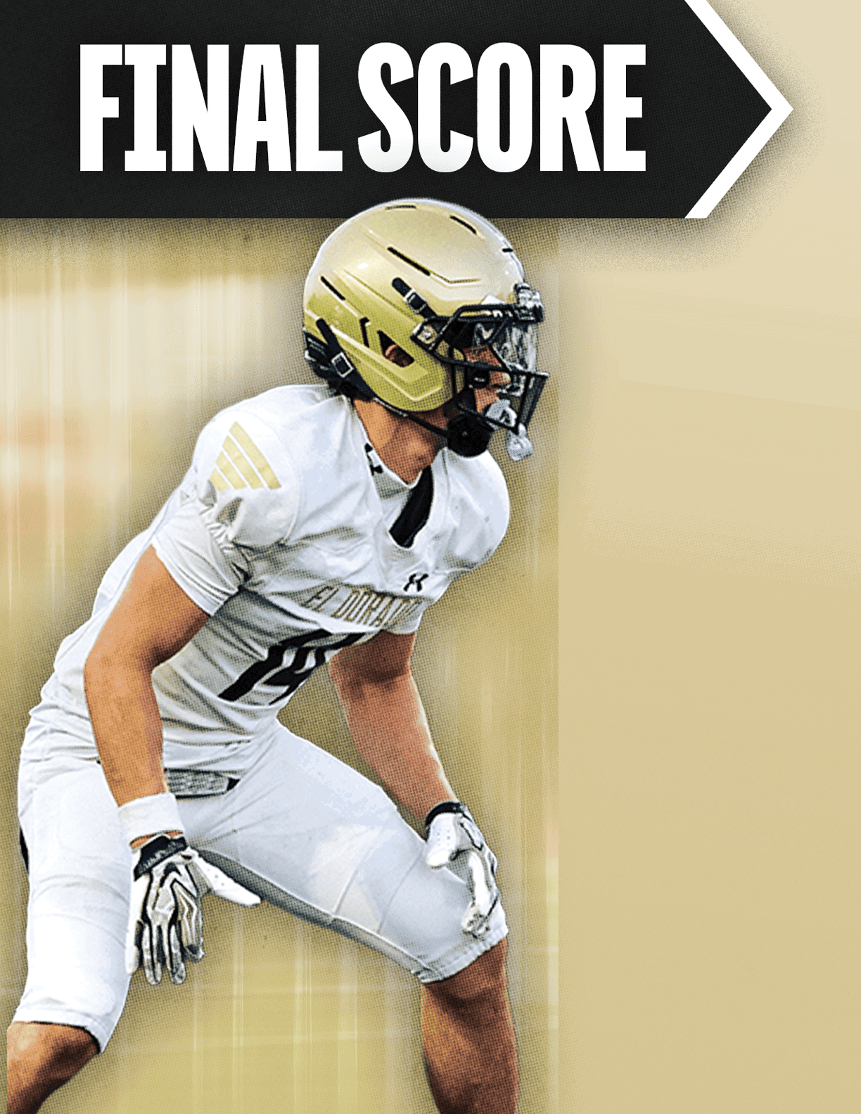 A football player with a white helmet. Description generated by AI