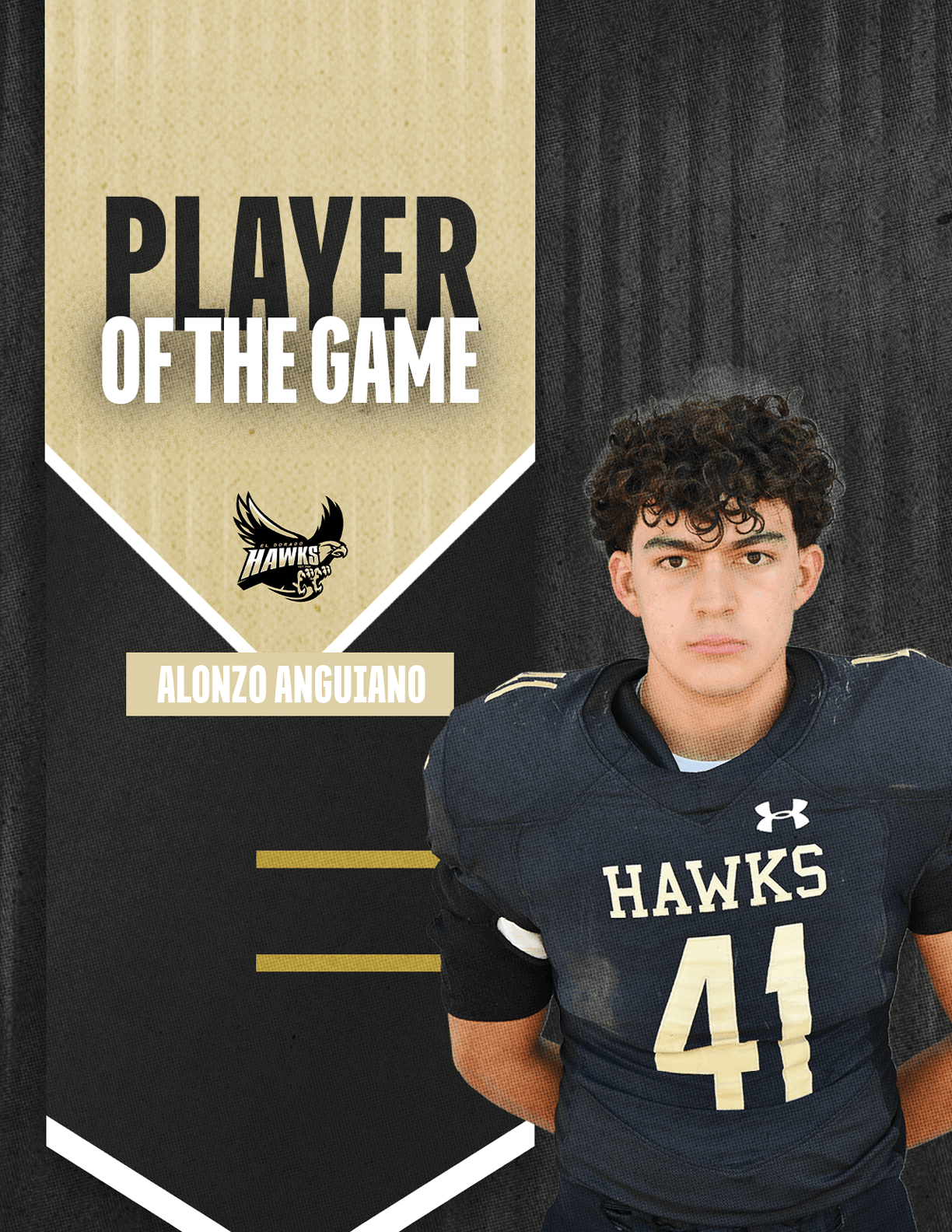 A person with curly hair wearing a black football jersey with the number 41 stands next to a graphic that says Player of the Game with the name Alonzo Anguiano and a hawk logo. Description generated by AI