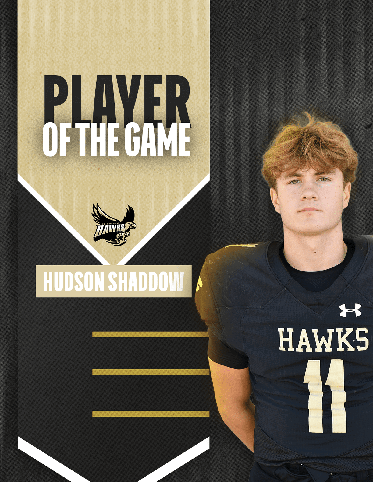 A person with tousled hair wearing a black sports jersey with the number 11 stands next to a graphic banner that reads player of the game and Hudson Shaddow with a hawk logo. Description generated by AI