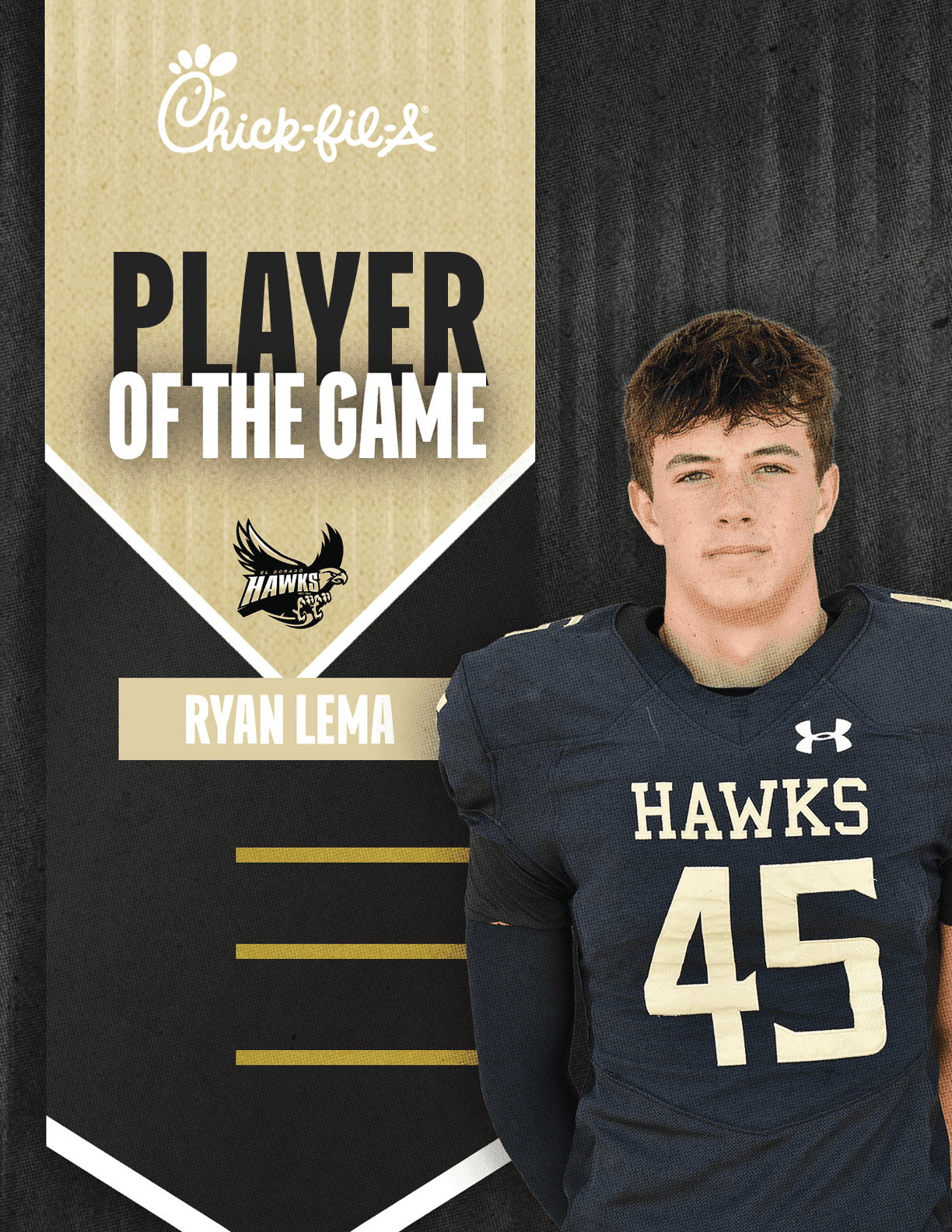 An adult wearing a dark Hawks football uniform with the number 45 stands next to a banner that reads Chick-fil-A Player of the Game Ryan Lema. Description generated by AI