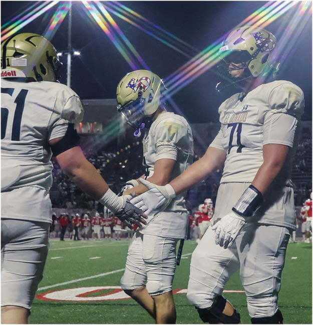 A group of football players celebrating a touchdown. Description generated by AI