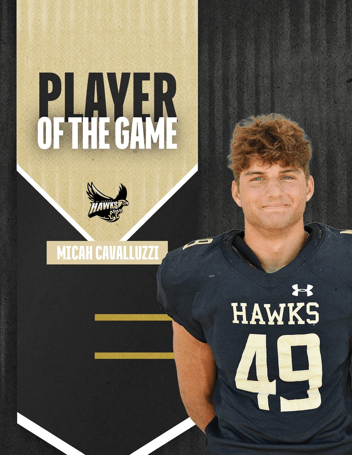 A person with short curly hair wearing a black football jersey with the number 49 stands next to a graphic that reads “Player of the Game" and "Micah Cavalluzzi" with a Hawks logo. Description generated by AI