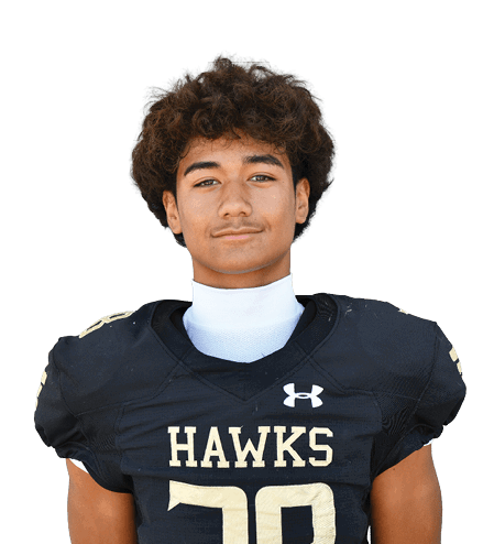 Person with curly hair wearing a black football jersey with the word “HAWKS" and the number 38 standing against a gray background. Description generated by AI