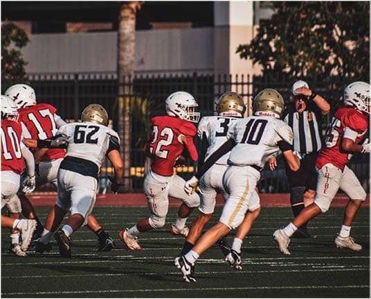 A group of football players celebrating a touchdown. Description generated by AI