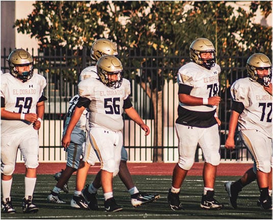 A group of football players celebrating a touchdown. Description generated by AI