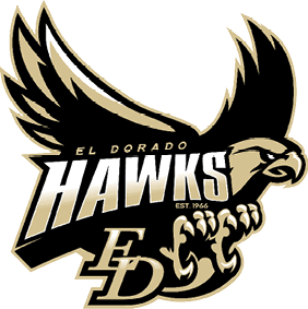 A stylized hawk with outstretched wings clutching the letters “ED" with the text "El Dorado Hawks" and "Est. 1966" integrated into the design. Description generated by AI