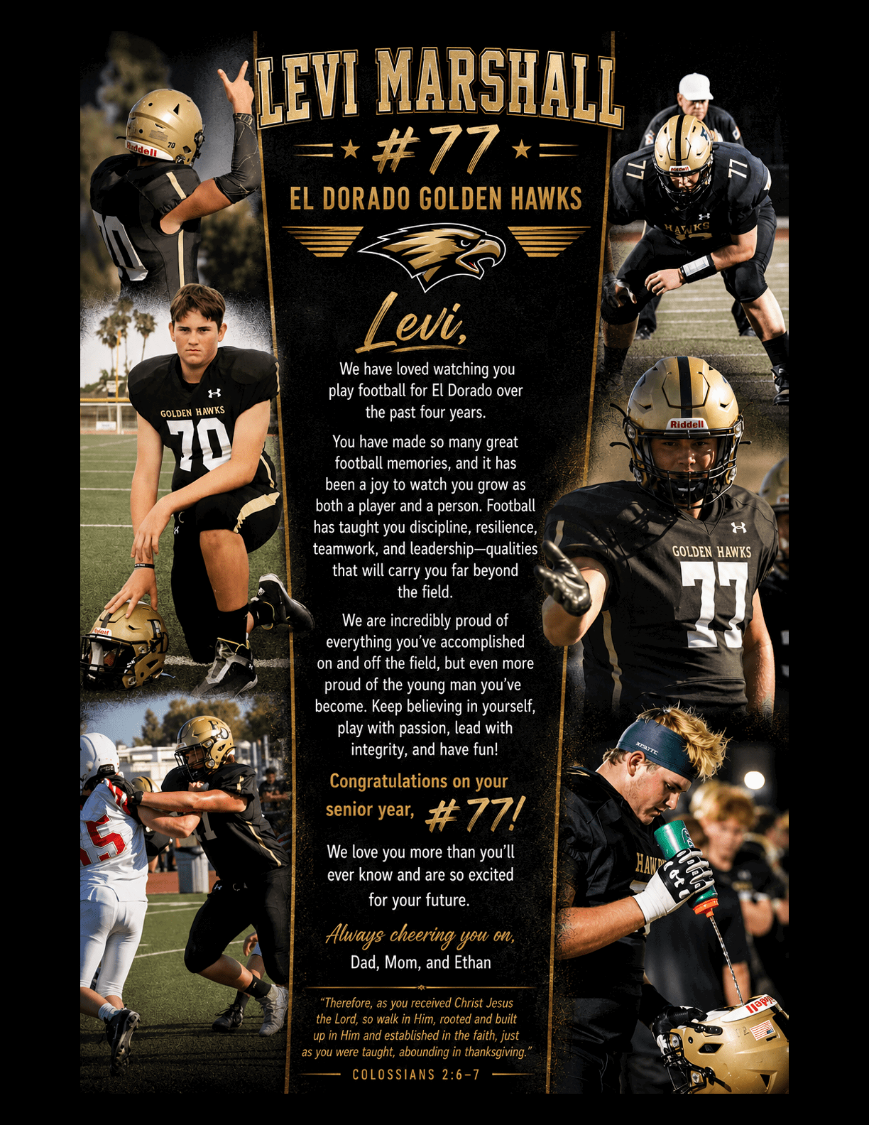 A collage featuring multiple people in black football uniforms with gold helmets and the text celebrating Levi Marshall's senior year and achievements playing for the El Dorado Golden Hawks. Description generated by AI