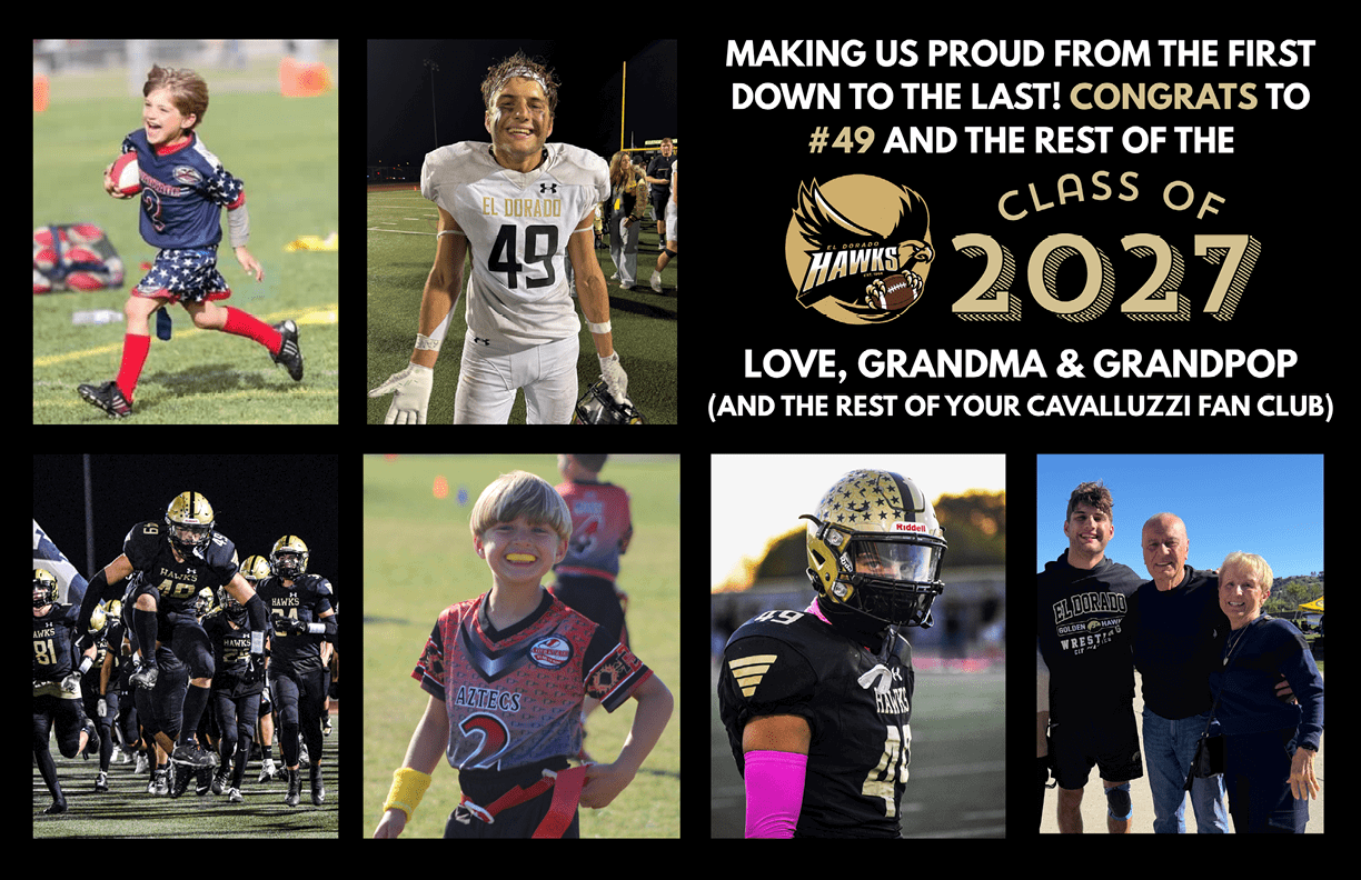 A collage of photos shows a child playing soccer, a person in a football uniform with the number 49, a football team running on the field, a smiling child in a sports jersey, a football player in a helmet and pink arm sleeve, and two adults standing together with a congratulatory message for the Class of 2027 from Grandma and Grandpop. Description generated by AI