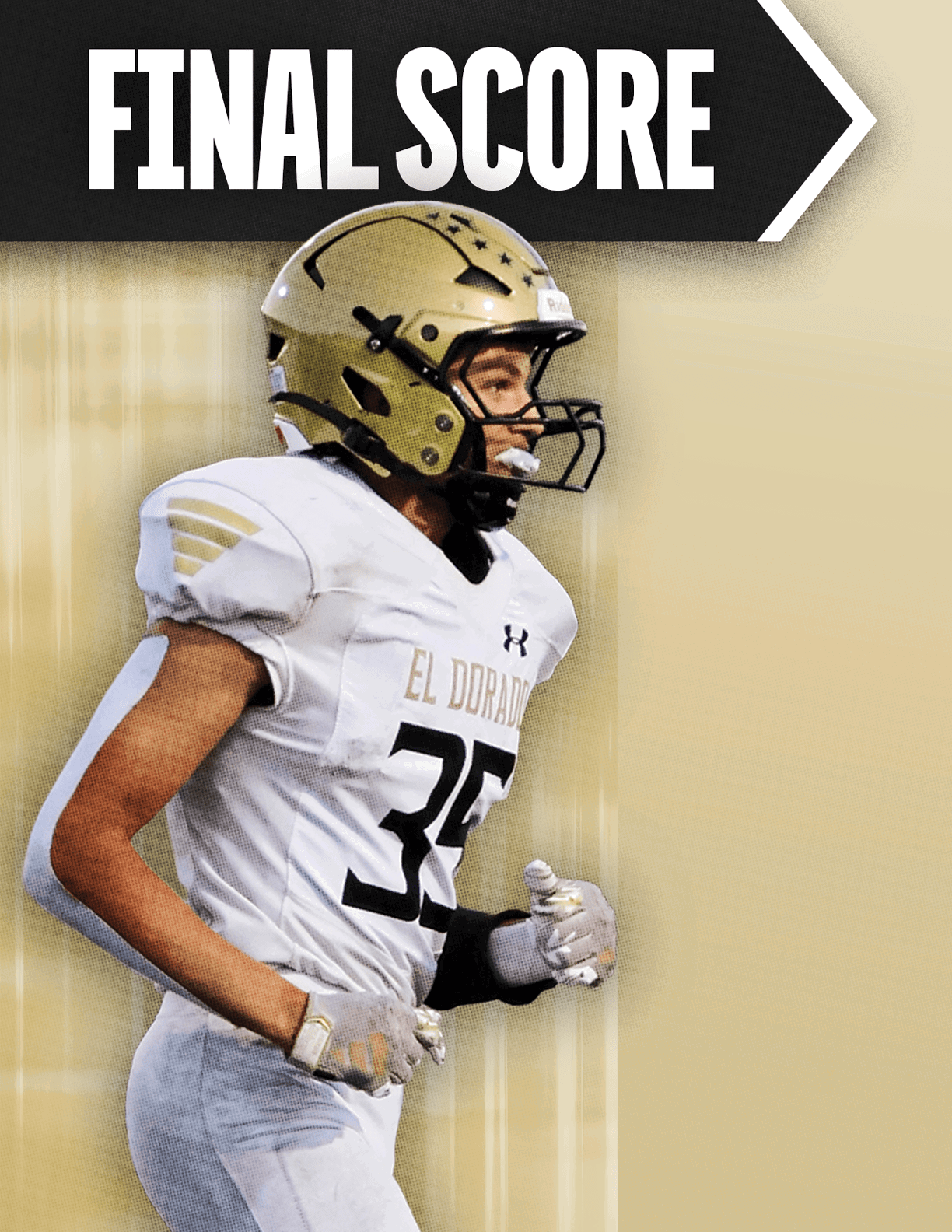 A football player with a white helmet. Description generated by AI