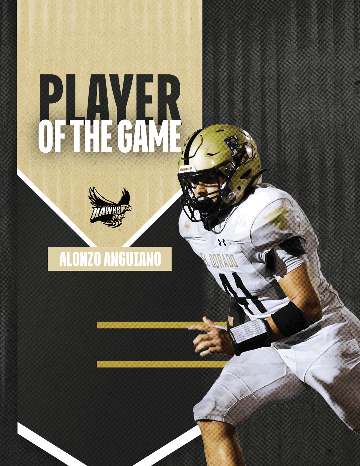 A person in a white football uniform and gold helmet is running with a focused posture next to text that reads Player of the Game Alonzo Anguiano. Description generated by AI