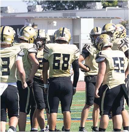 A group of football players celebrating a touchdown. Description generated by AI