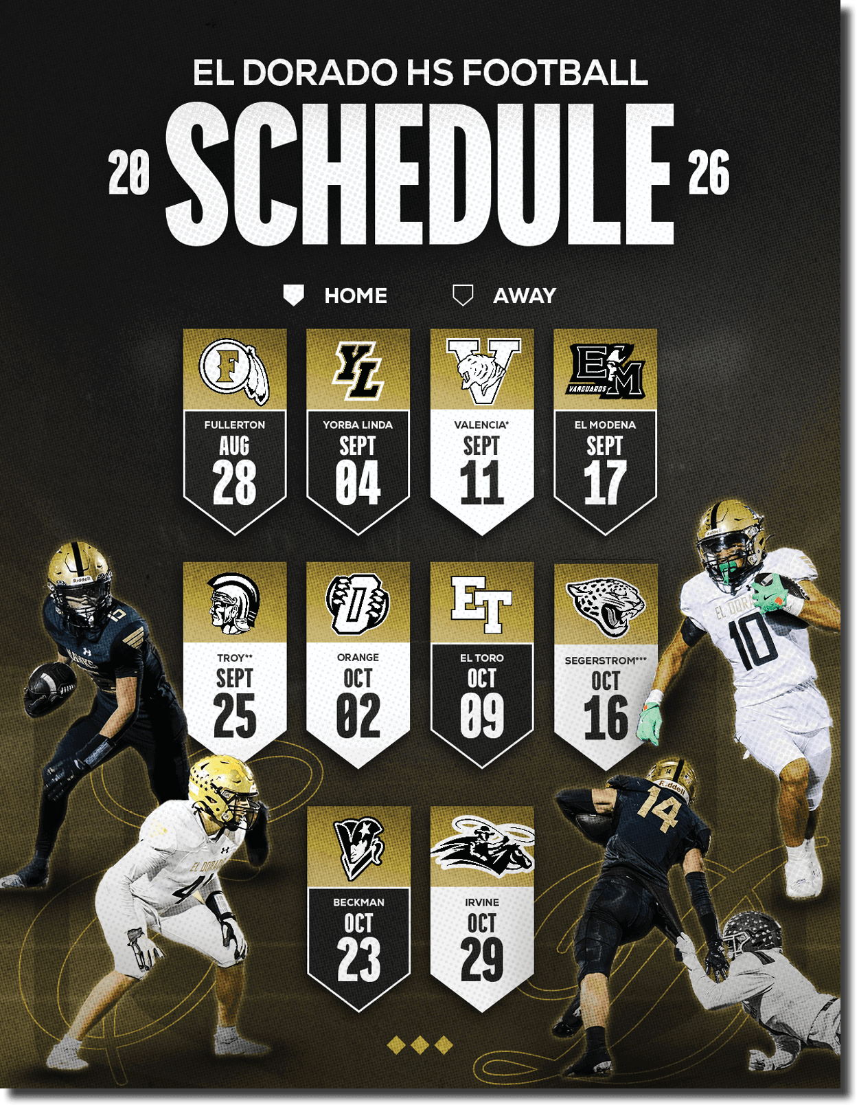 The El Dorado High School football schedule for 2026 is displayed with team logos, dates, and home and away game indicators, alongside action shots of four players in football uniforms. Description generated by AI
