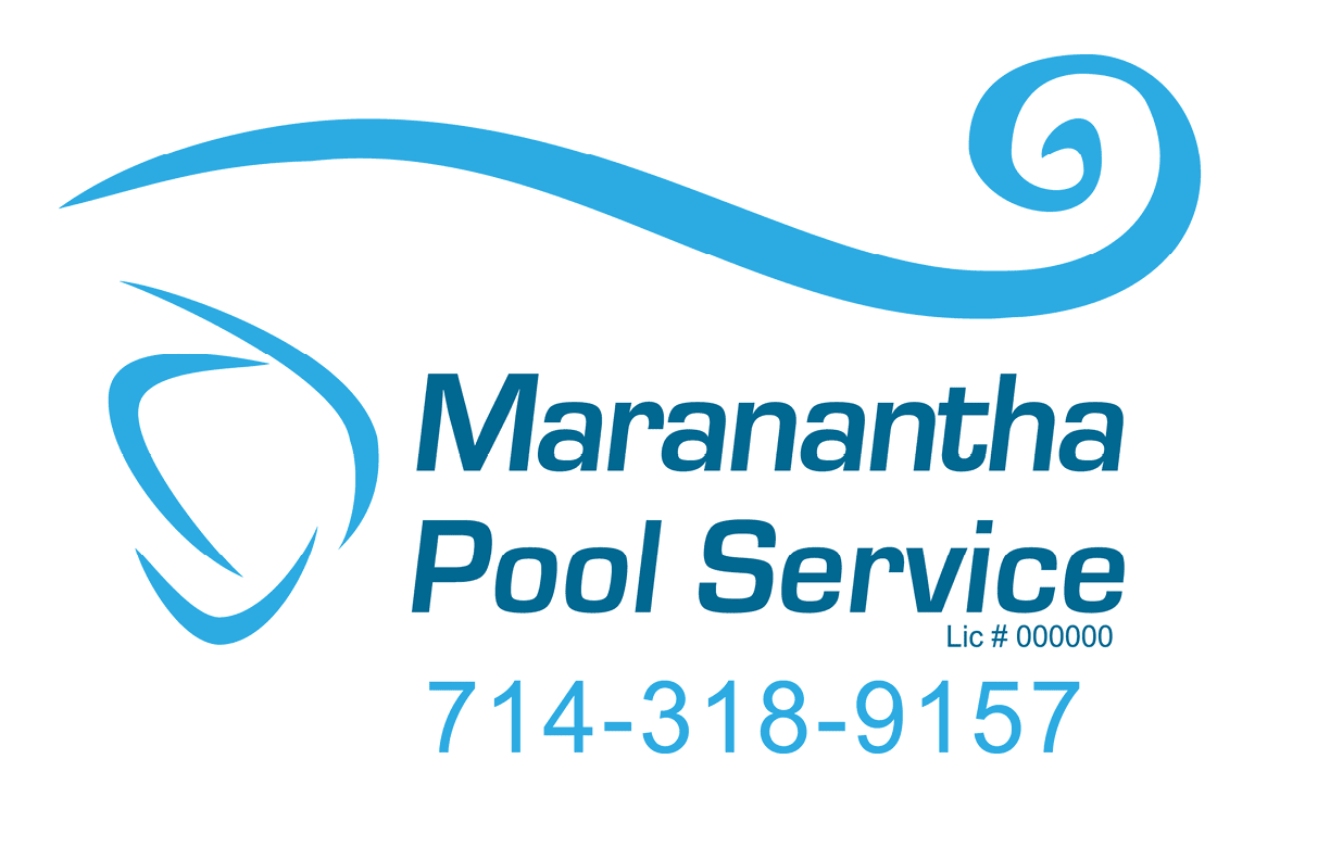 A blue stylized wave design accompanies the text Maranantha Pool Service with a license number and a phone number in blue font. Description generated by AI