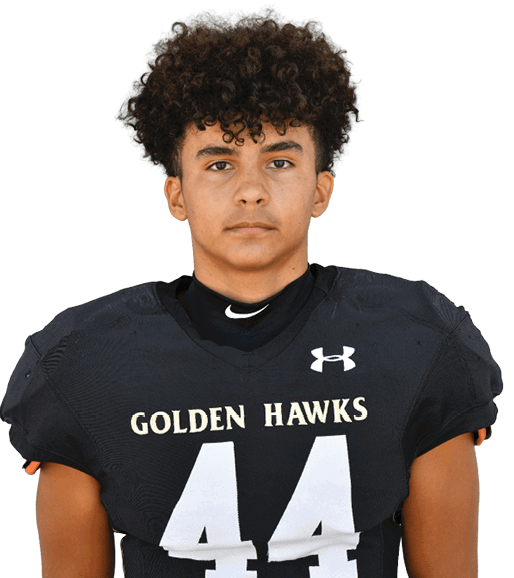 Person with curly hair wearing a black football jersey with the word “HAWKS" and the number 38 standing against a gray background. Description generated by AI