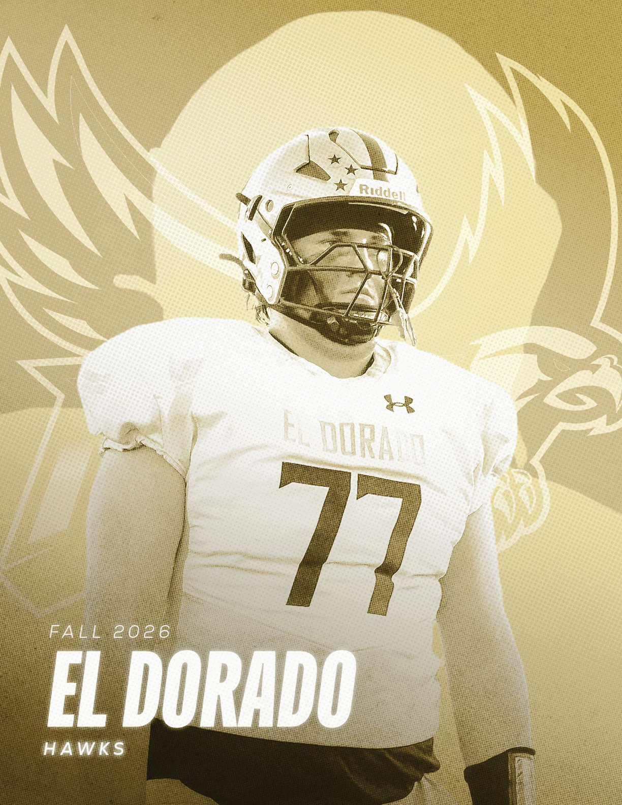 A person wearing a football uniform with the number 77 and a helmet stands in front of a stylized eagle graphic with the text “Fall 2023 El Dorado Hawks." Description generated by AI