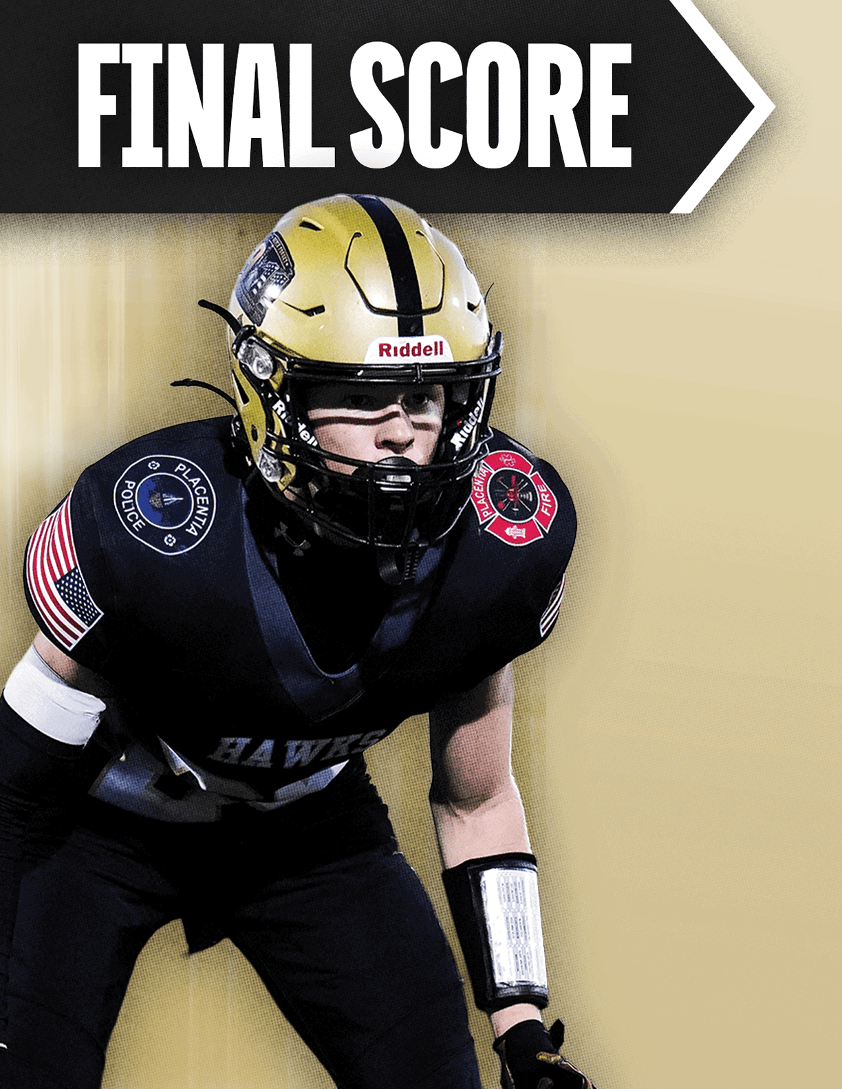 A football player with a white helmet. Description generated by AI