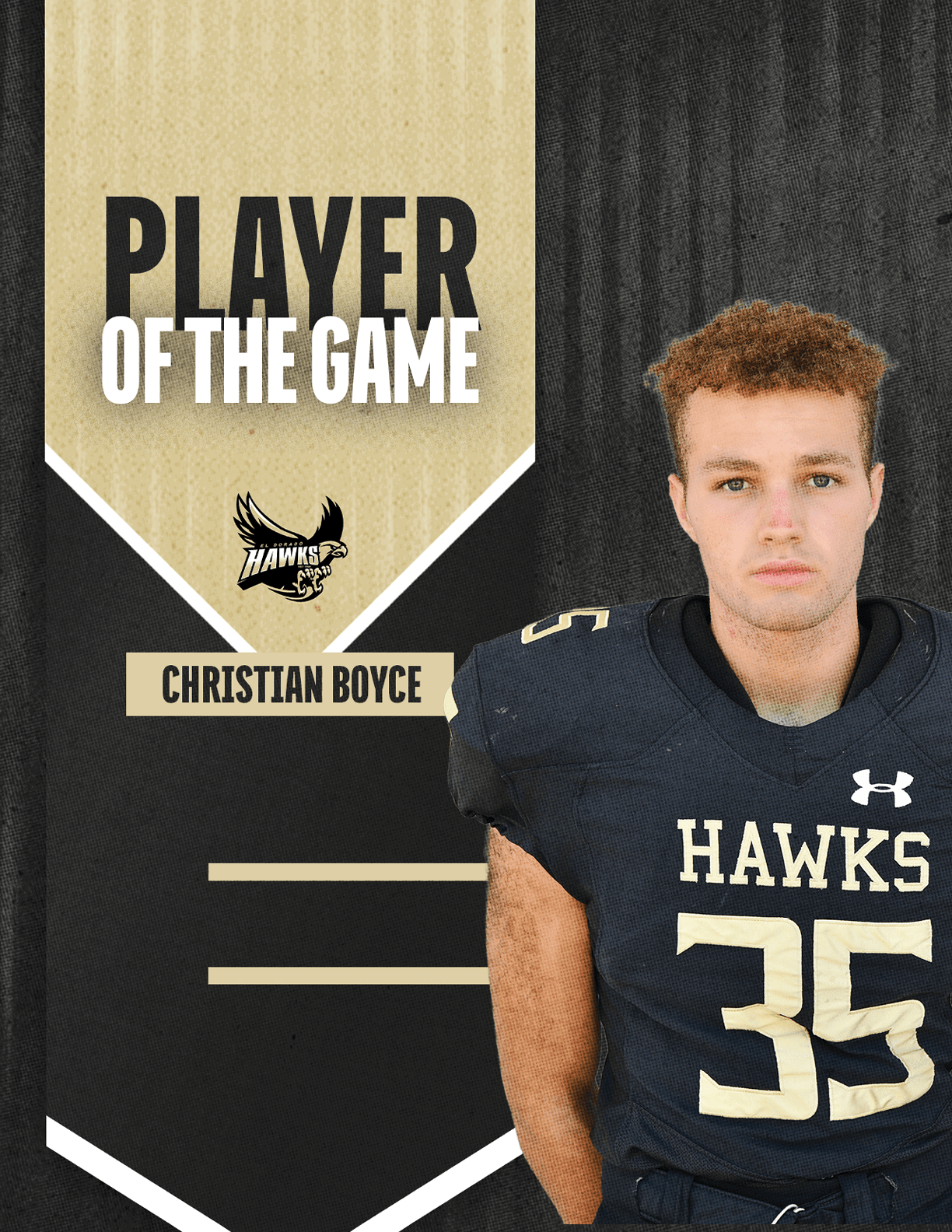 A person wearing a black football jersey with the number 35 and the word “HAWKS" stands next to a graphic that reads "Player of the Game" with the name Christian Boyce. Description generated by AI