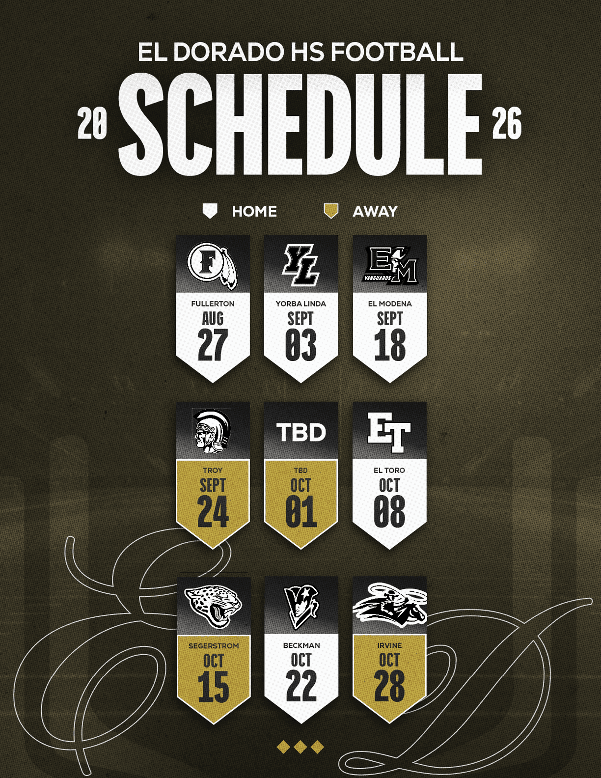 El Dorado High School football schedule for 2026 showing home and away games with dates and team logos in a black and gold color scheme. Description generated by AI