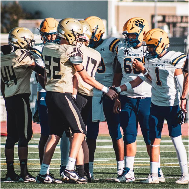 A group of football players celebrating a touchdown. Description generated by AI