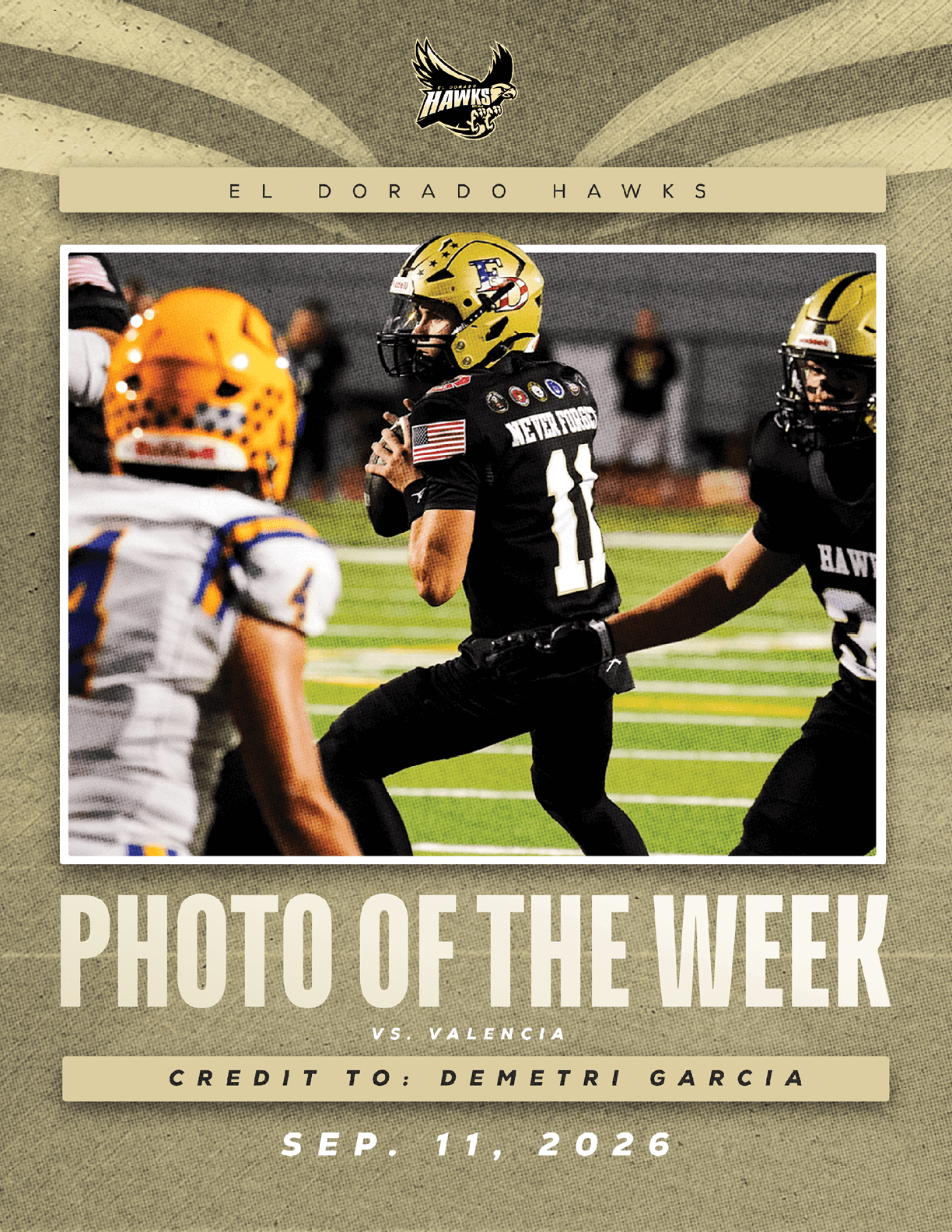 A football player in a black uniform with the number 11 is preparing to throw a pass while another player in black reaches out and a player in a white and orange uniform faces them on a field during a game between El Dorado Hawks and Valencia. Description generated by AI