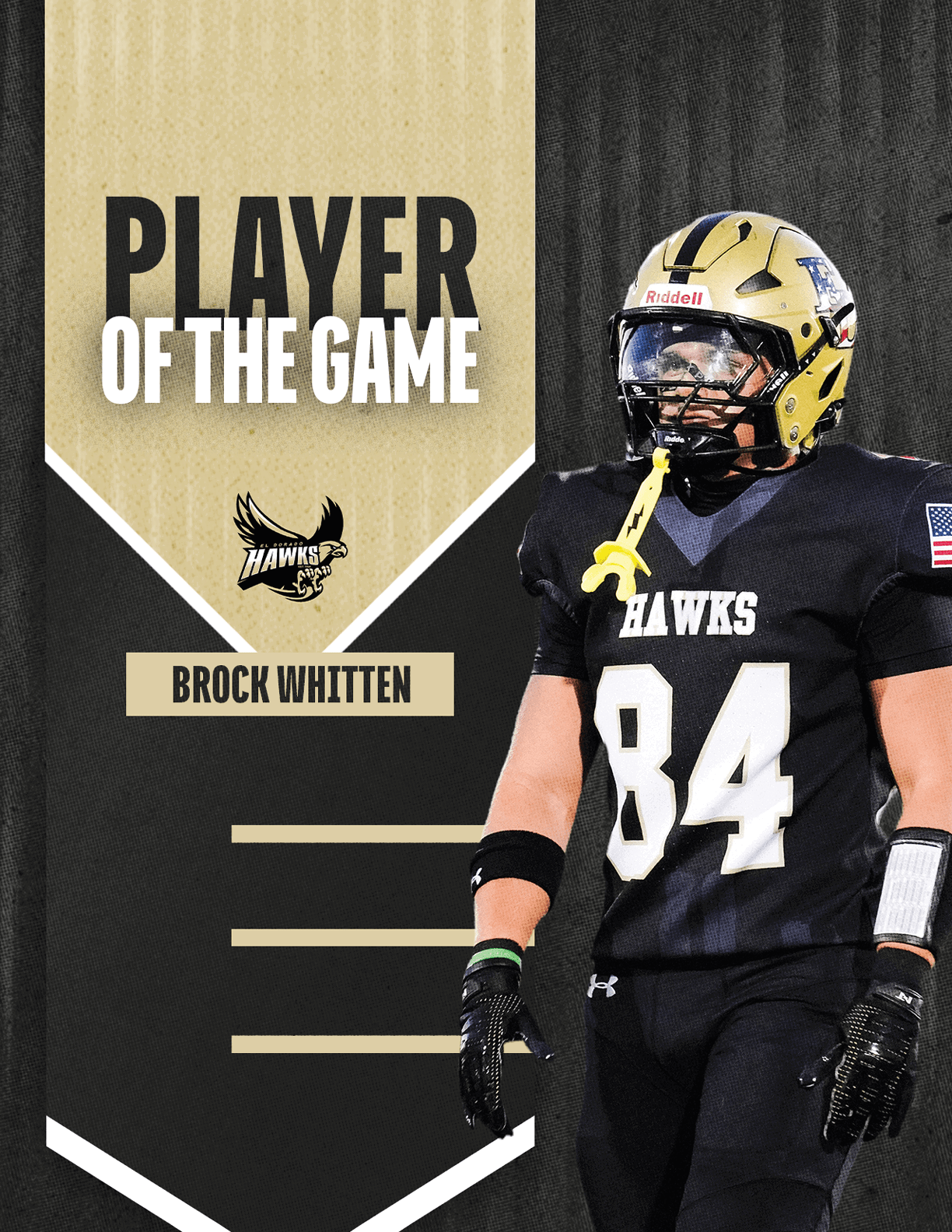 A person wearing a black football uniform with the number 84 and a gold helmet stands next to a graphic that reads Player of the Game Brock Whitten. Description generated by AI