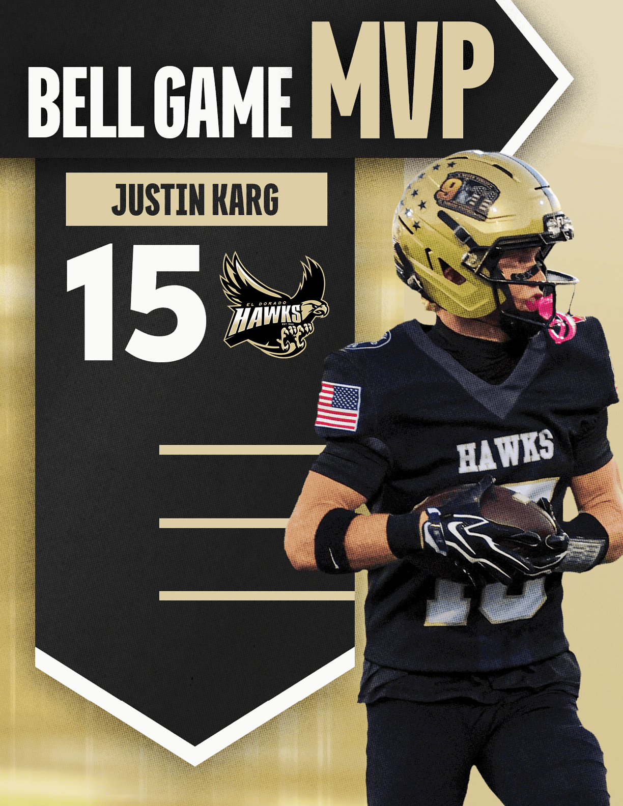 An adult wearing a black football uniform with the number 15 and a gold helmet is holding a football next to a graphic that reads Bell Game MVP Justin Karg 15 with a Hawks logo. Description generated by AI