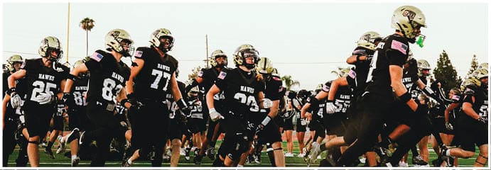 A football game is taking place on a field with players wearing blue and white uniforms. Description generated by AI