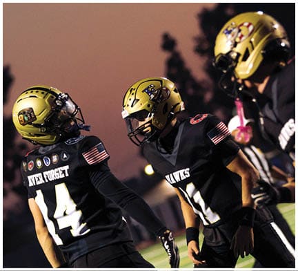 A football game is taking place with a group of men on the field. Description generated by AI