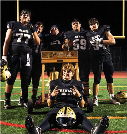A group of football players celebrating a touchdown. Description generated by AI