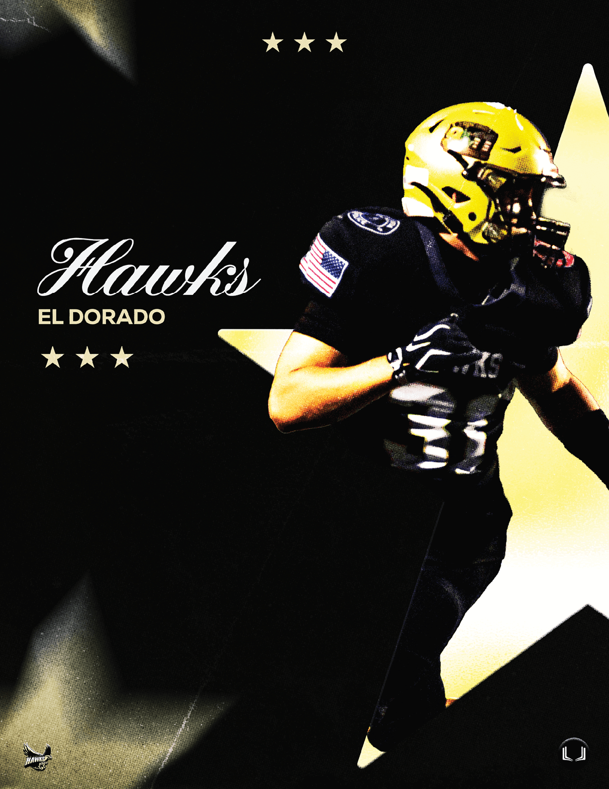 A person wearing a yellow helmet and black football uniform is running with a football against a black background with a large yellow star and the text “Hawks El Dorado." Description generated by AI