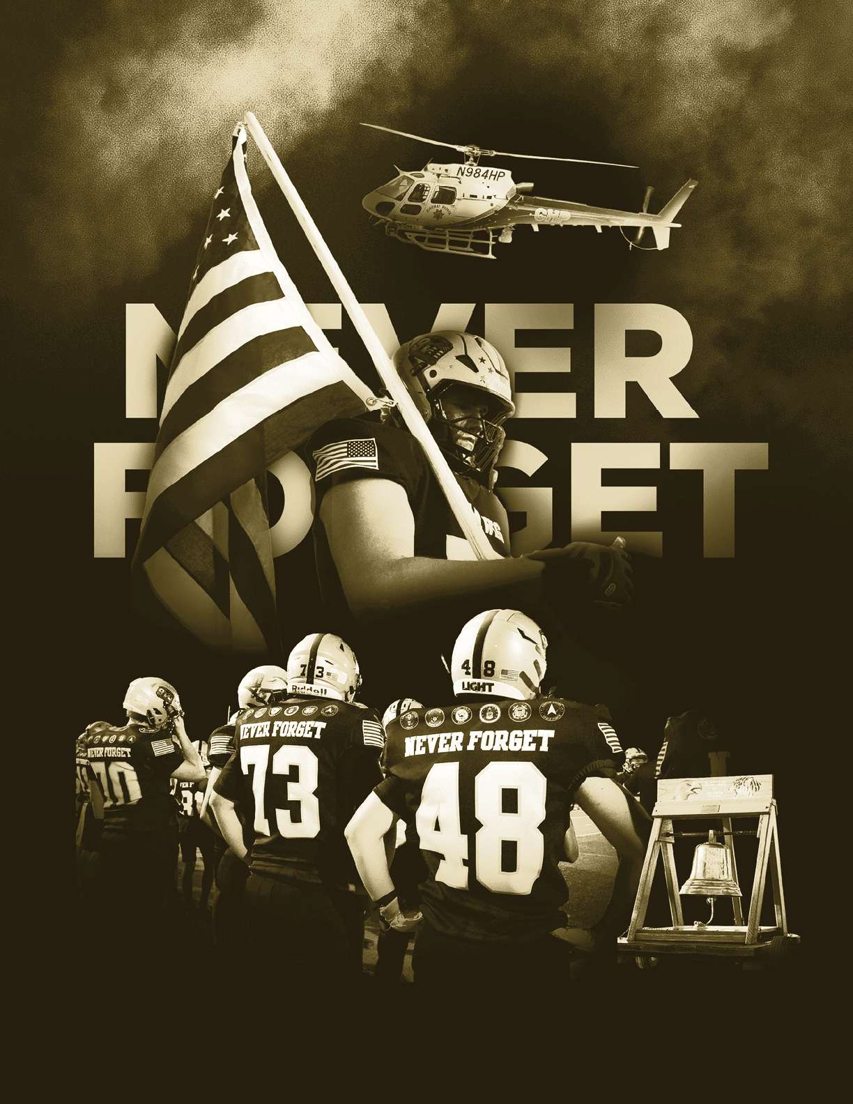 A group of people wearing sports jerseys with “Never Forget" on the back stand together while one person holds an American flag and a helicopter flies overhead against a smoky background. Description generated by AI