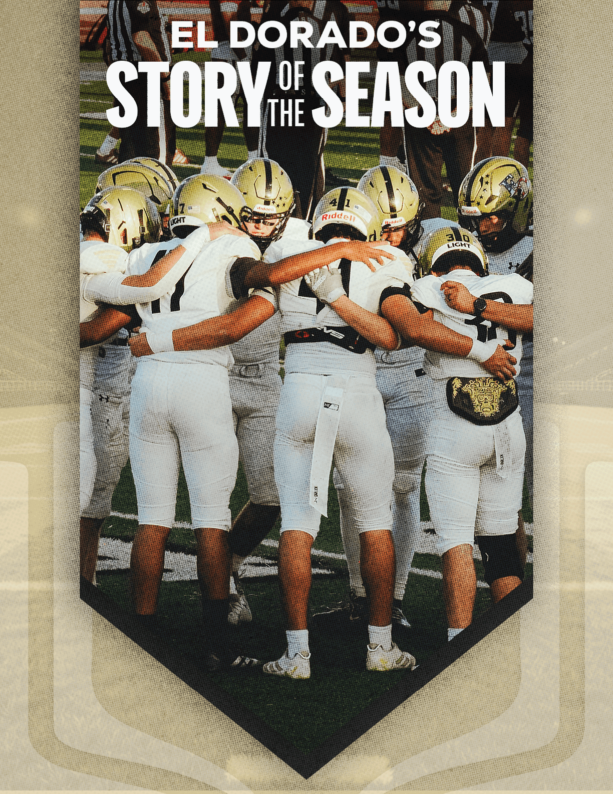 A group of football players huddled together. Description generated by AI