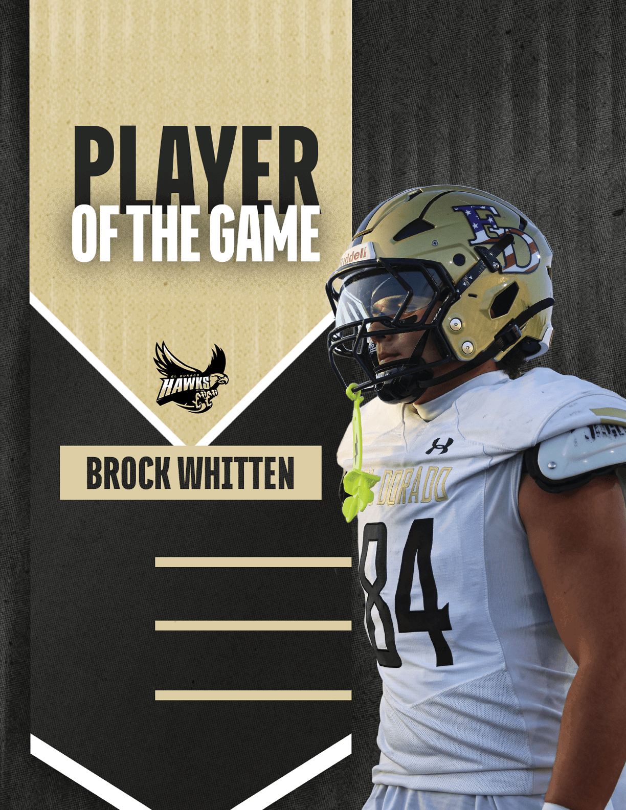 A person wearing a black football uniform with the number 71 and a gold helmet is shown next to a graphic that reads Player of the Game Josh Sugar. Description generated by AI