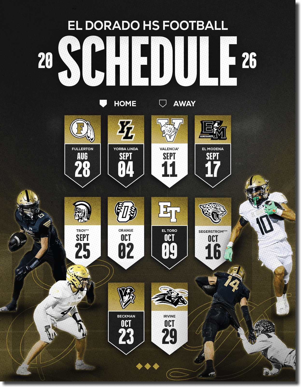 The El Dorado High School football schedule for 2026 is displayed with team logos, dates, and home and away game indicators, alongside action shots of four players in football uniforms. Description generated by AI