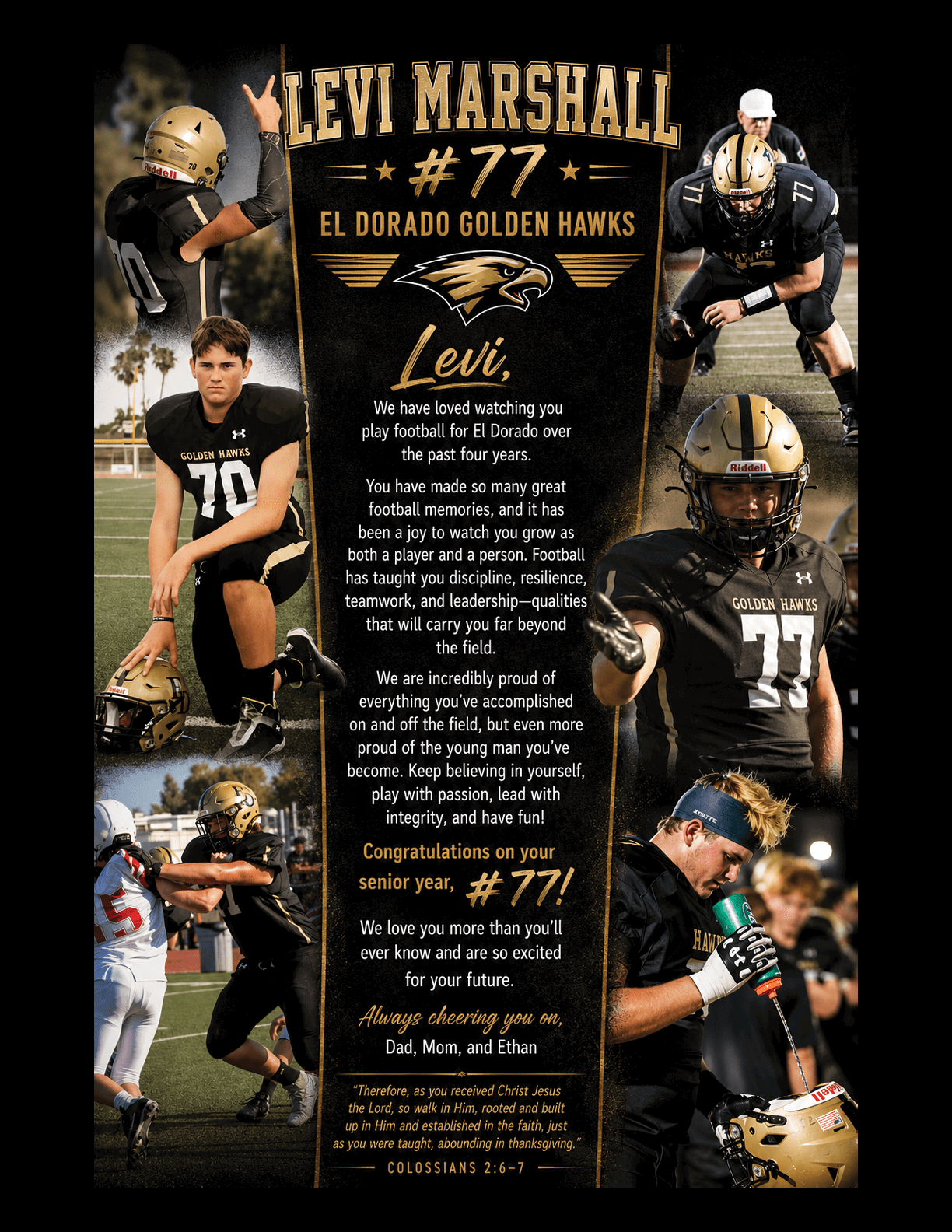 A collage featuring multiple people in black football uniforms with gold helmets and the text celebrating Levi Marshall's senior year and achievements playing for the El Dorado Golden Hawks. Description generated by AI
