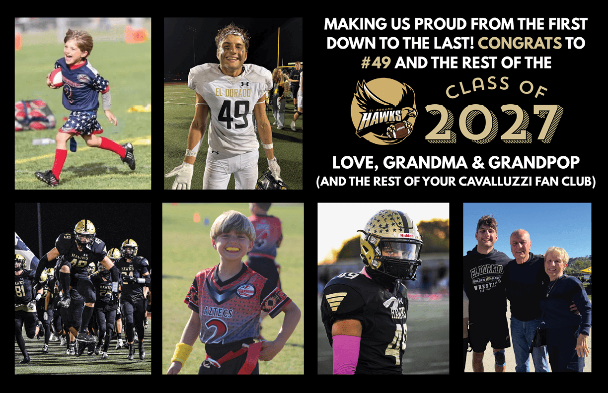A collage of photos shows a child playing soccer, a person in a football uniform with the number 49, a football team running on the field, a smiling child in a sports jersey, a football player in a helmet and pink arm sleeve, and two adults standing together with a congratulatory message for the Class of 2027 from Grandma and Grandpop. Description generated by AI