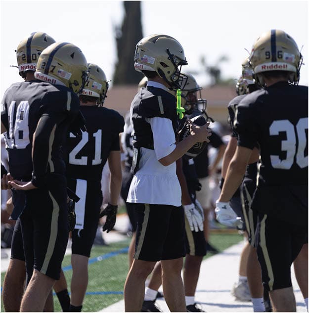 A group of football players celebrating a touchdown. Description generated by AI