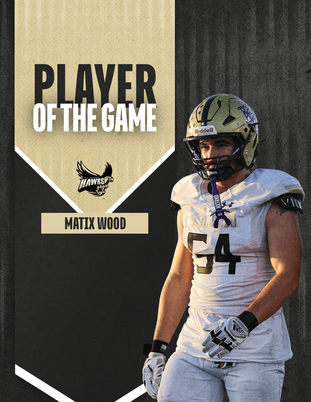An adult wearing a white football uniform with the number 54 and a gold helmet stands next to a graphic that reads “Player of the Game" with the name "Matty Wood." Description generated by AI