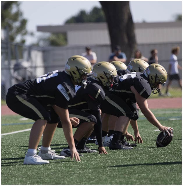 A group of football players celebrating a touchdown. Description generated by AI