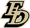 Interlocking stylized letters E and D in black and gold with a bold outline. Description generated by AI