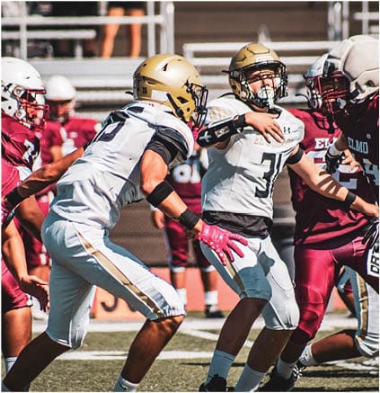 A group of football players celebrating a touchdown. Description generated by AI