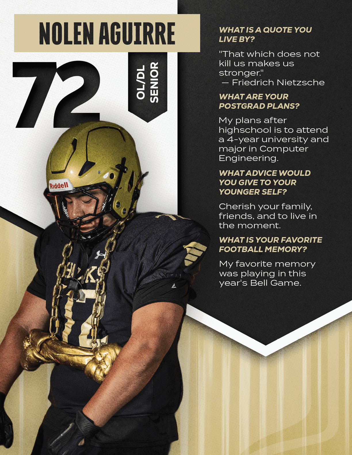 An adult in a football uniform and helmet poses with a large gold chain around the neck against a background featuring the name Nolen Aguirre, the number 21, and text about quotes, postgrad plans, advice, and favorite football memory. Description generated by AI