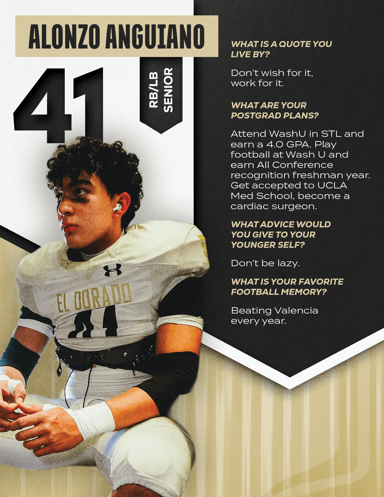 A person in a football uniform with the number 41 sits with hands clasped, accompanied by text detailing their name, class year, position, a motivational quote, postgraduate plans, advice, and a favorite football memory. Description generated by AI