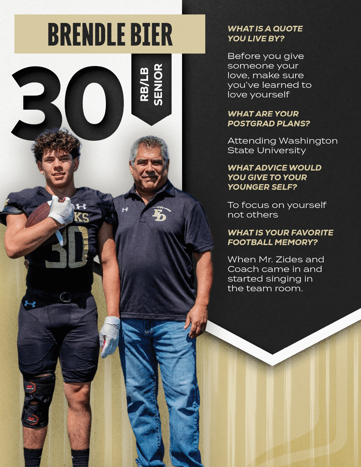Two adults stand side by side with one wearing a football uniform and the other in casual sportswear, accompanied by text about quotes, postgrad plans, advice, and football memories. Description generated by AI