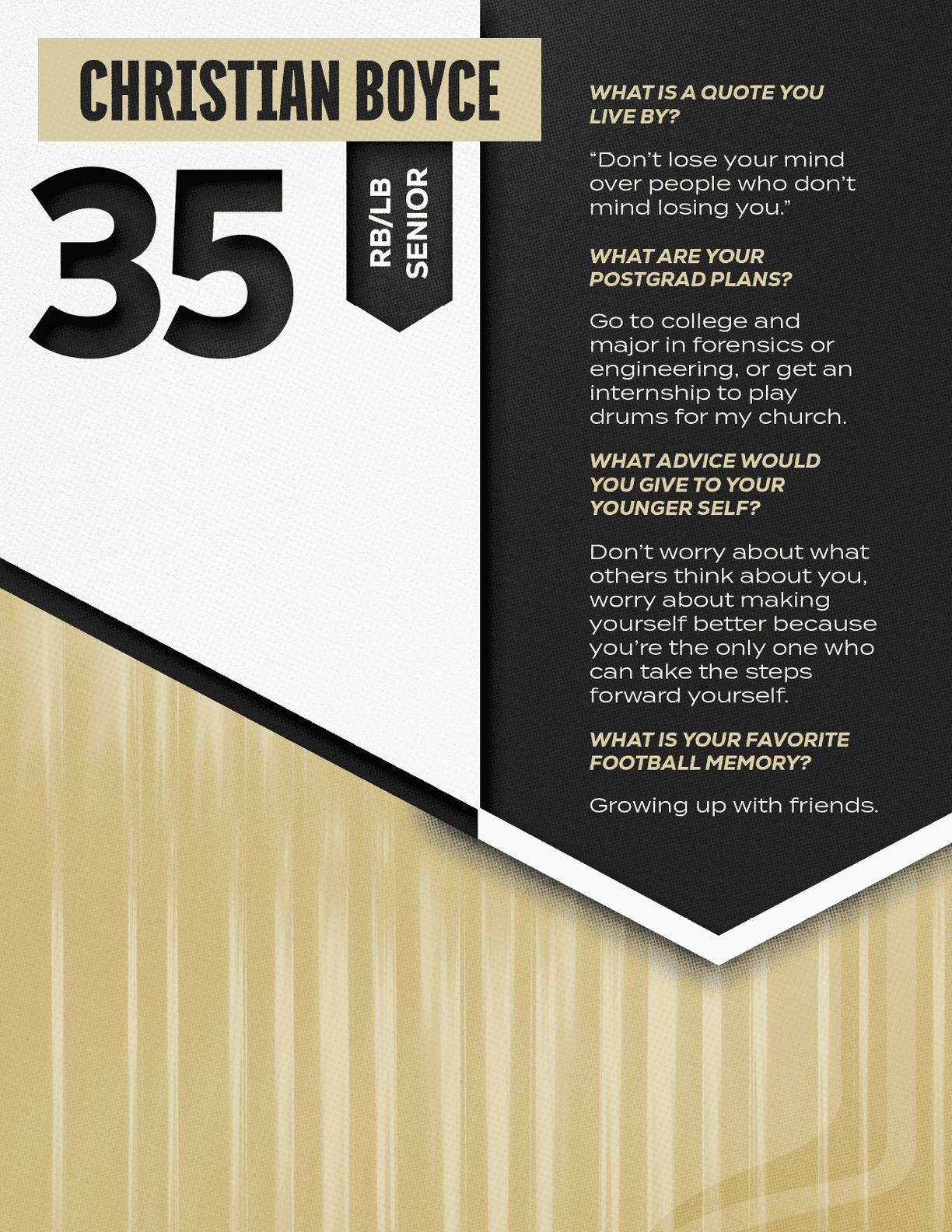 Senior student Christian Boyce's profile card features a bold number, class designation, and a motivational quote along with personal advice and favorite football memory in a modern, angular design with black, white, and gold tones. Description generated by AI