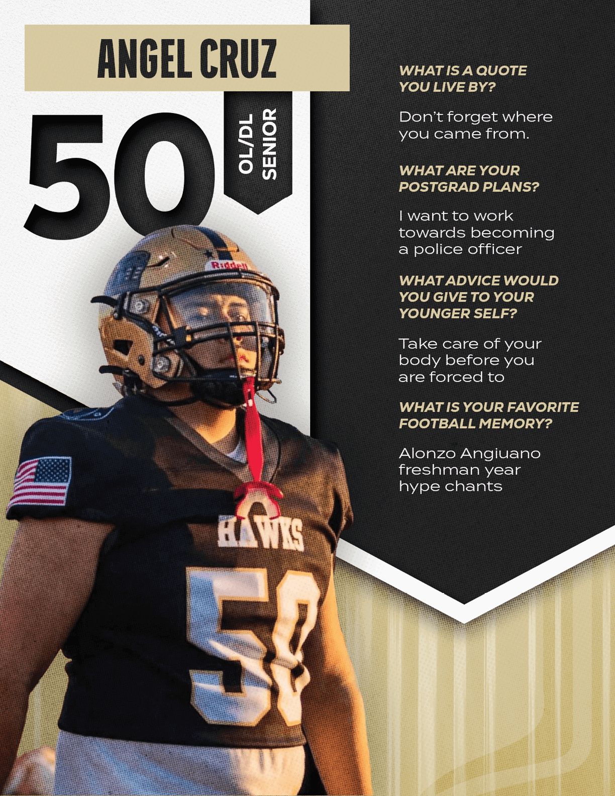 An adult wearing a football uniform with the number 50 and a helmet stands next to text featuring the name Angel Cruz, class year, and quotes about future plans and advice. Description generated by AI